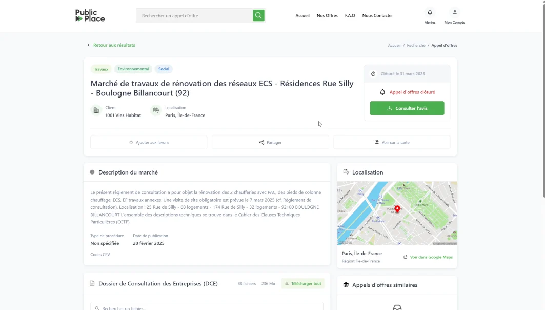 Interface de consultation d’un appel d’offres sur Public Place